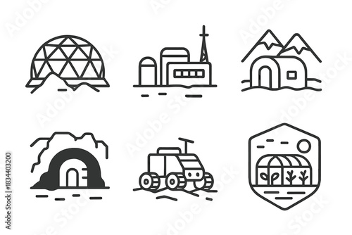 Space Habitat Icons. Line style icons of space-based habitat analogs: simulated Mars dome, desert research station, Arctic
