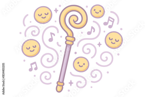 Playful Musical Staff. A playful staff surrounded by swirling smiling glyphs, tiny floating musical notes, soft rounded doodle