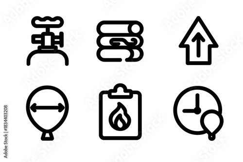 High-Altitude Balloon Icons. Line style icons of High-Altitude Ballooning: helium cylinder valve, rope wind icon, altitude rise