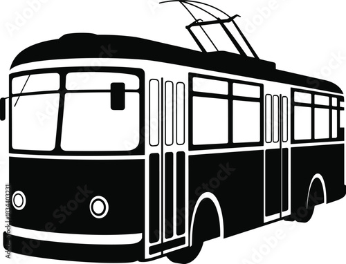 Vintage tram silhouette with pantograph on white background streetcar public transport