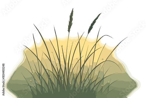 Dewy Morning Grass. a silhouette of morning grass glistening with dew under the first golden light, sage and pastel coral palette,