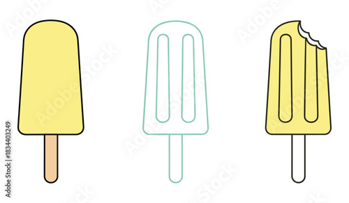 Yellow Popsicle Ice Cream Treats in Full Color Outline and Bitten Variations whisk