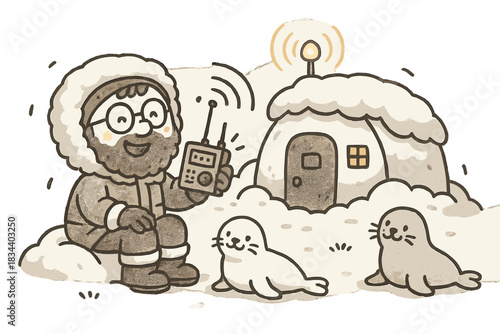 Scientist's Polar Communication. Cute doodle vector of happy scientist using radio near cozy snow-covered station, with friendly