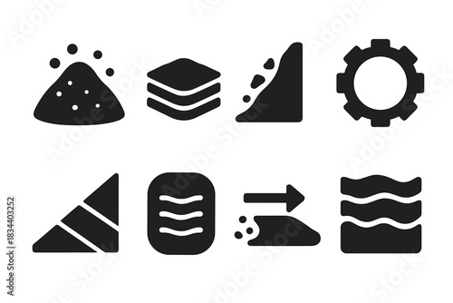 Layered Ash Terrain Icons. Solid style icons of layered ash terrain textures: fine dust glyph, hardpack icon, loose slope badge.