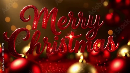 Sparkling red glitter Merry Christmas lettering, shimmering particles, warm golden bokeh lights behind, deep festive red tones, luxury holiday vibe, crisp rendering.