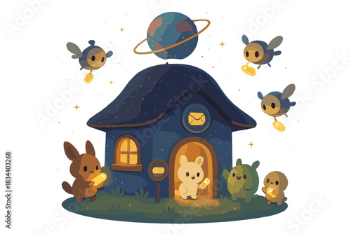 Galactic Post Office. Charming galactic post office where tiny creatures send glowing message capsules between planets, cheerful