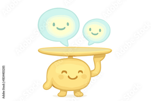 Cheerful Conversation Tray. A smiling serving tray with glowing happy conversation bubbles, soft rounded friendly shapes, pastel