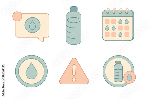 Hydration App Icons. Isometric vector illustration set of hydration tracking app: notification pop-up, bottle fill indicator,