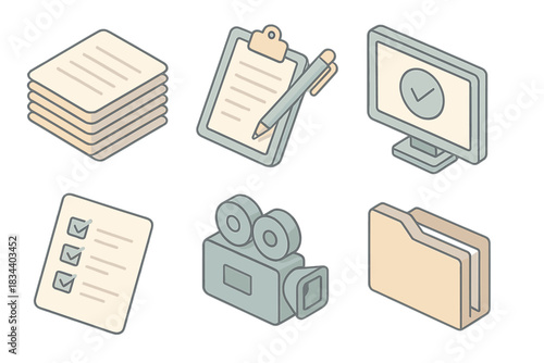 Filmmaker Workflow Icons. Isometric vector illustration set of filmmaker documentation workflow: release form stack, pen on