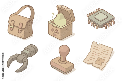 Post-Apocalyptic Relic Icons. Isometric vector illustration set Post-apocalyptic relic identification and trading: relic trader’s