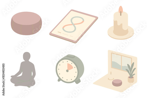 Daily Meditation Essentials. Isometric vector illustration set of daily meditation tools: yoga cushion, breathing guide chart,