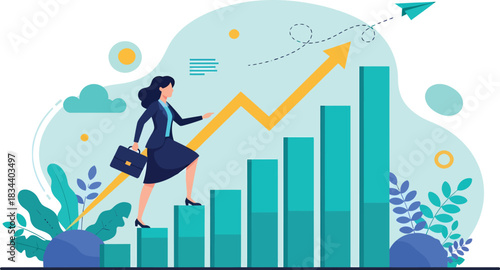Ambitious woman climbs upward on a vibrant bar graph, symbolizing career growth and success.