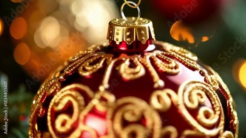 A macro photograph of a luxury Christmas ornament with gold and red filigree, in a festive blurred background.