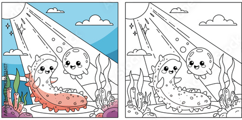 Cute cartoon sea cucumber and round friend under a light beam, kawaii underwater characters with coral reef background, partially colored vector line art illustration