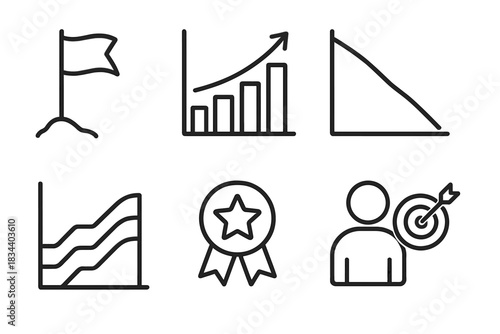 Agile Metrics Icons. Line style icons of agile metrics and goals: sprint goal flag, team velocity chart, burndown graph icon,