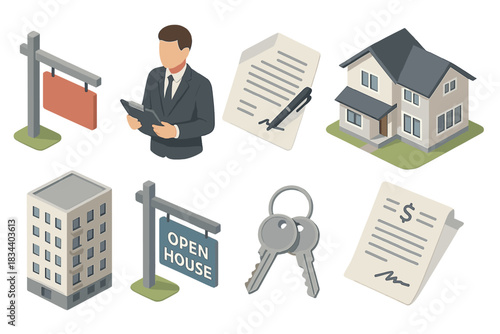 Real Estate Icons. Isometric vector illustration set of Real Estate: house for sale sign, real estate agent with clipboard,