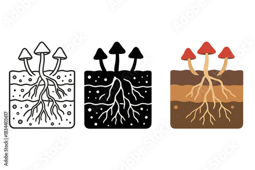 Psilocybin Roots Cross-Section. Cross-section of soil with visible psilocybin roots intertwining through earth layers, first in