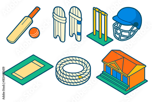 Cricket Gear Icons. Isometric vector illustration set Outdoor sports – cricket bat, cricket ball, batting pads; wicket stumps,
