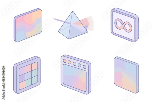 Isometric Design Elements. Isometric vector illustration set of immersive visual design: fluid color pattern generator, glass