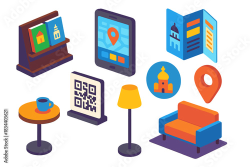 Travel Gear Icons. Isometric vector illustration set Travel gear – guidebook stand, travel app UI on tablet, city guide brochure;