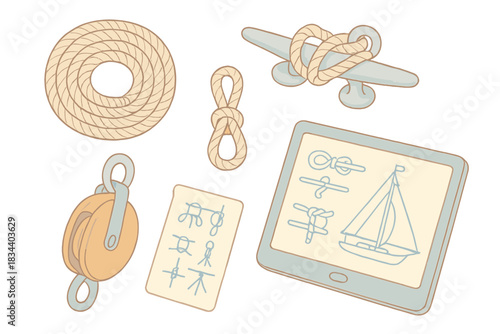 Nautical Toolkit Icons. Isometric vector illustration set of nautical rigging toolkit: coiled lines, cleat and shackle, mast block
