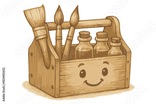 Memory Renovation Toolbox. a friendly toolbox filled with brushes and vials for “renovating” faded memories, sepia and cream tones