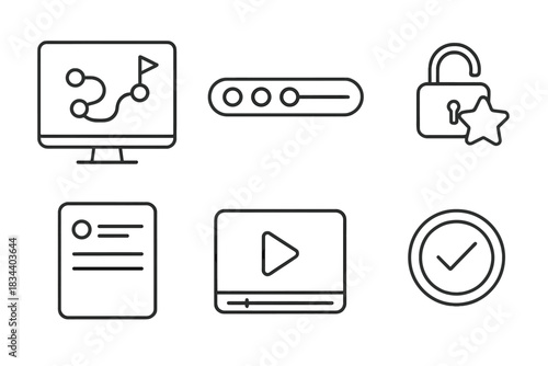 Training Modules Icons. Line style icons of training modules and courses: course roadmap screen, progress tracker bar, module