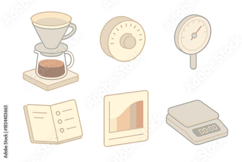 Specialty Coffee Tools. sometric vector illustration set of specialty coffee brewing tools: pour-over technique setup with dripper