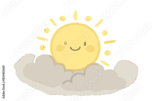 Sunny Misty Aura. A happy sunny aura with tiny smiling rays breaking through mist, soft rounded doodle style, pastel yellow and