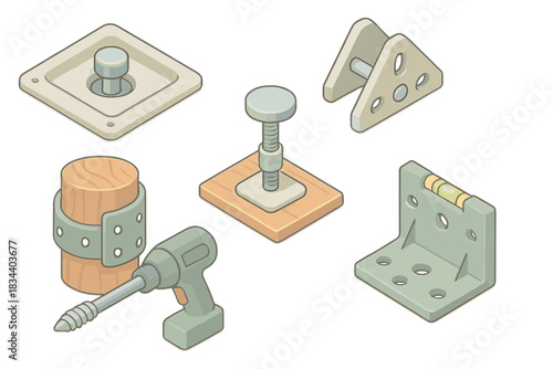 Treehouse Hardware Icons. Isometric vector illustration set Professional treehouse building hardware: recessed bolt housing plate,