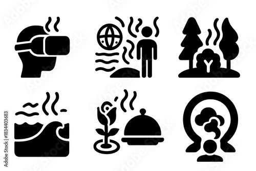 Virtual Scent Icons. Solid style icons of scent in virtual environments: VR headset with aroma, metaverse with scent trails,