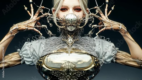 Futuristic AI Cyborg Fashion: Sci-Fi Inspired High Fashion with Cybernetic, Mechanical and Metallic Textures in Dystopian Portrait 3D Art