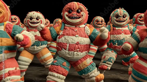 Colorful Clay Figures Dancing: Quirky Cartoon Characters in Playful 3D Illustration Art Sculptures