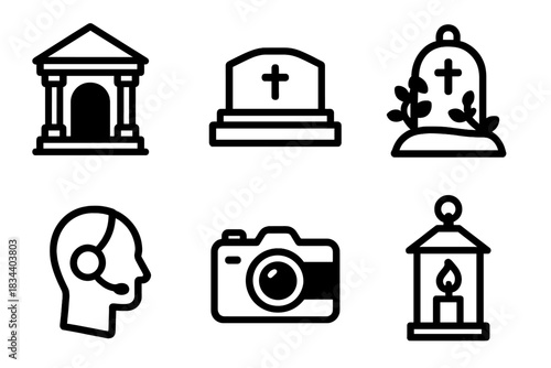 Cemetery Tourism Icons. Line style icons of Cemetery Tourism: mausoleum icon, burial vault, ivy-covered grave, guided headset,