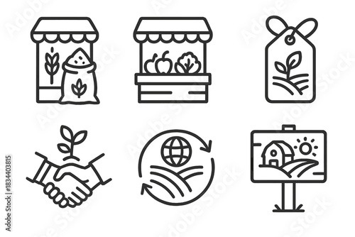Market Icons. Line style icons of market and promotion: organic grain booth, farmers market stand, product label tag, local grower