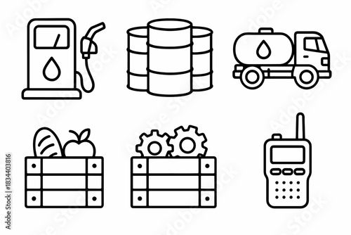 Rally Logistics Icons. Line style icons of rally fuel and logistics: refueling tank icon, fuel drums in row, water tank truck,