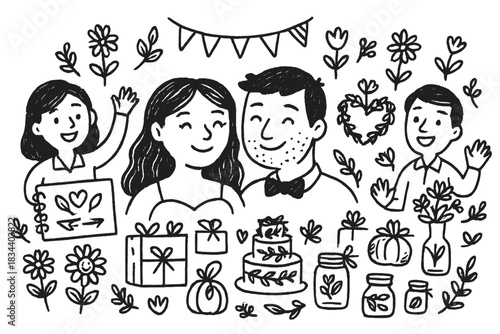 Eco Wedding Planning. Playful doodle composition showing a smiling couple planning an eco wedding with cheerful planners, flowers,