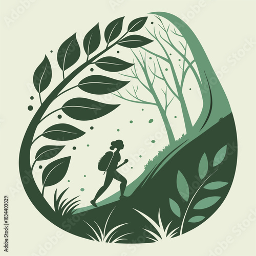 Journey to Serenity: A lone hiker navigates a winding trail through a tranquil forest, framed by lush greenery and the promise of discovery.