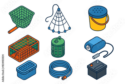 Colorful Fishing Gear Icons. Isometric vector illustration set Fishing equipment – shrimp net, cast net, bait bucket; shrimp trap,