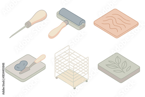 Traditional Printmaking Tools. Isometric vector illustration set Traditional printmaking studio: etching needle, brayer roller,