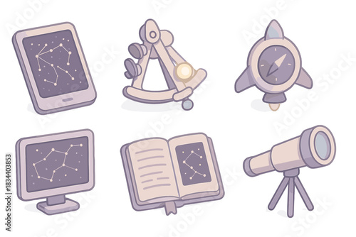 Interstellar Navigation Tools. Isometric vector illustration set of interstellar navigation tools: star chart tablet, glowing