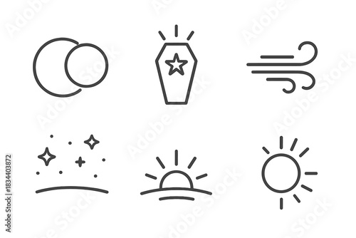 Celestial Transformation Icons. Line style icons of celestial tomb change: eclipse path, radiant coffin, curving airflow, starlit