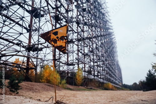 An abandoned radiation warning sign in the Chernobyl Exclusion Zone