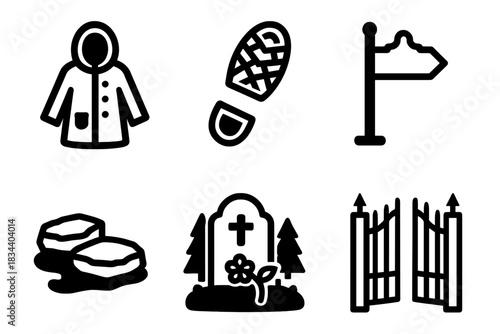 Cemetery Tourism Icons. Line style icons of Cemetery Tourism: raincoat icon, vintage shoeprint, historic path sign, ancient stone