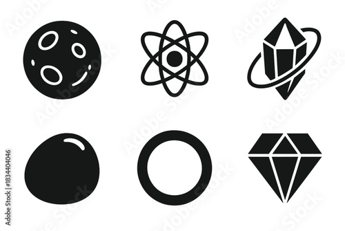 Cosmic Icon Perfection. Solid style icons of cosmic perfection: planetary stone form, stellar rotation sphere, orbital unity