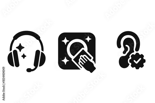 Audio Hygiene Icons. Solid style icons of audio hygiene tools: disinfected headset icon, clean pad glyph, ear-safe badge.