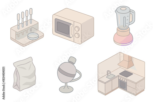 Modern Kitchen Mixology. Isometric vector illustration set of modern mixology and cooking: molecular pipette kit, retro microwave