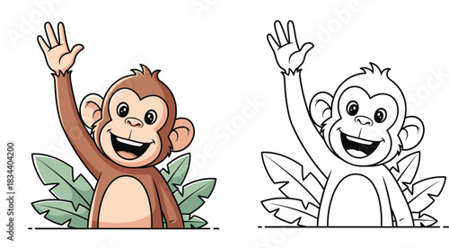 Cute cartoon monkey waving hand, happy brown ape character greeting hello with tropical leaves, vector illustration isolated on white background
