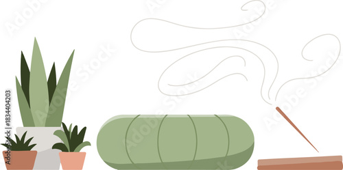 Meditation vector with green cushion yoga practice plants and aroma stick relaxation illustration isolated on transparent