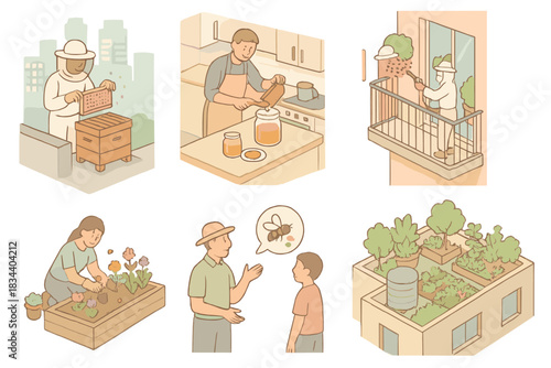Urban Beekeeping Activities. Isometric vector illustration set of sustainable city apiculture: rooftop hive inspection, honey